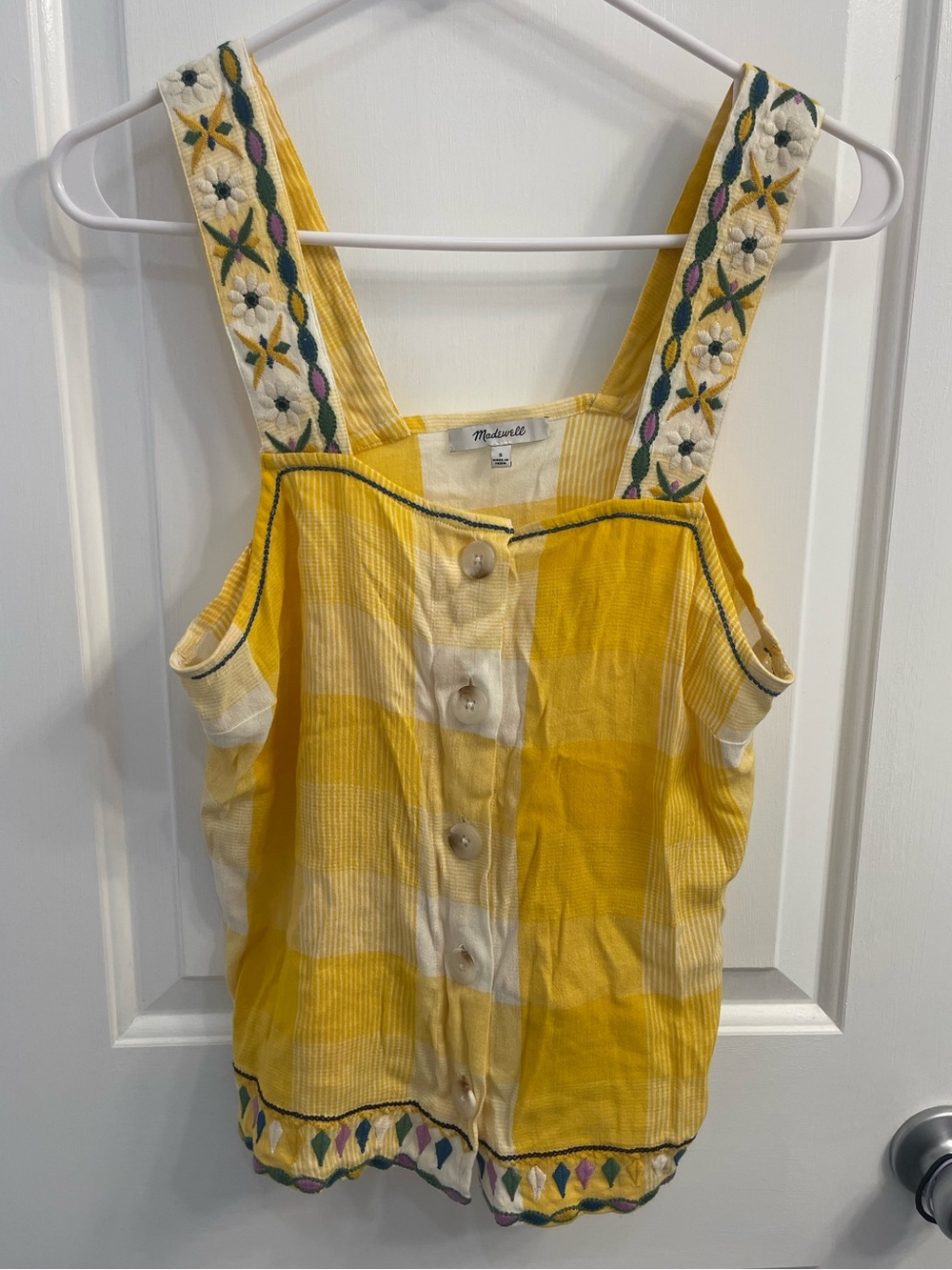 Madewell Yellow and Cream Embroidered Strap Tank Top
